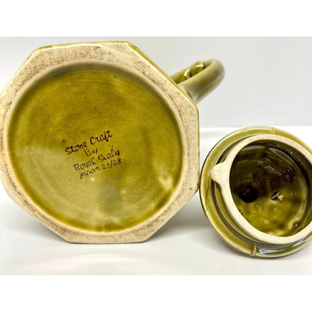 Vintage Stone Craft Royal Sealy Japan Green Tea Set 4 Pc Hexagonal-Olive Green
